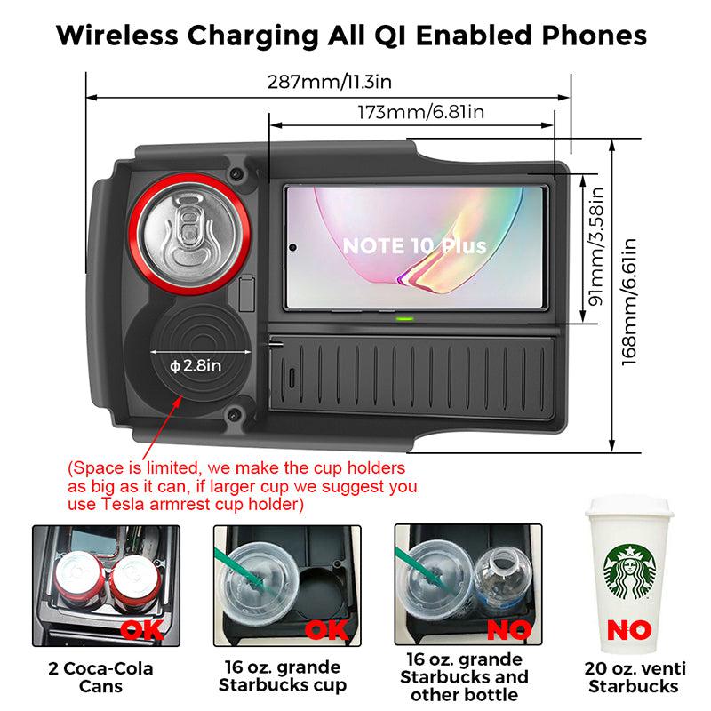 T-Box Wireless Phone Charging Organizer with Cup Holder For Tesla Model S X Teslauaccessories